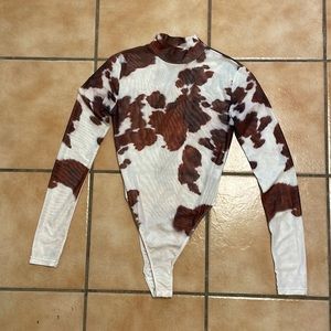 Cow Print Sheer Long Sleeve Bodysuit